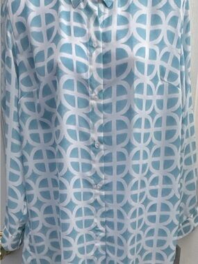 Kenny Flowers Resort Shirt Blue and White Geometric Button-Up Tunic NWT